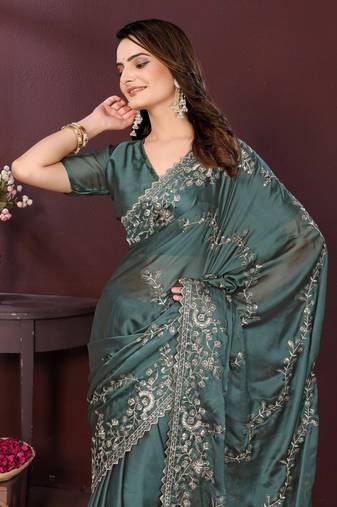 Grey floral embroidered sequinned rangoli silk saree with unstitched blouse