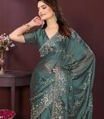 Grey floral embroidered sequinned rangoli silk saree with unstitched blouse