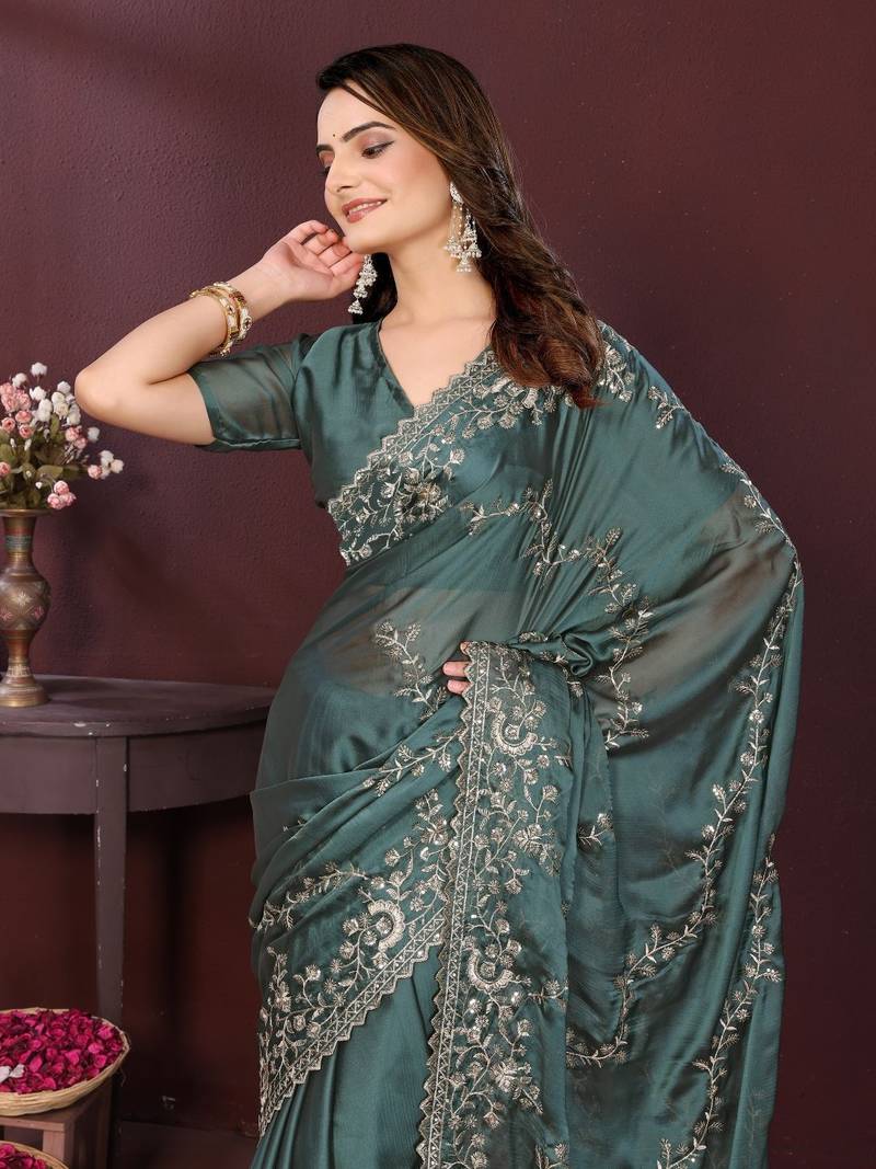 Grey floral embroidered sequinned rangoli silk saree with unstitched blouse