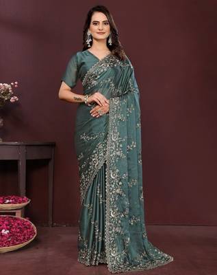 Grey floral embroidered sequinned rangoli silk saree with unstitched blouse 2
