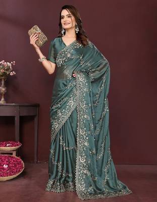 Grey floral embroidered sequinned rangoli silk saree with unstitched blouse 5