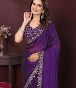 Purple floral embroidered sequinned rangoli silk saree with unstitched blouse