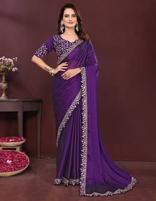 Purple floral embroidered sequinned rangoli silk saree with unstitched blouse 2