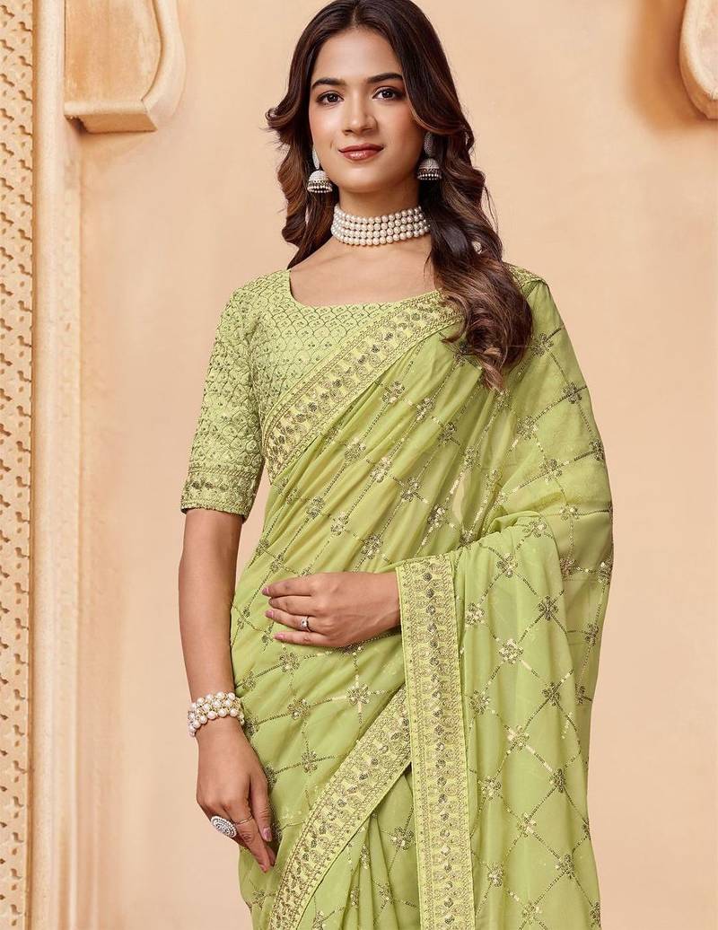 Olive embroidered embellished sarees