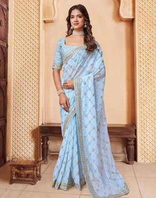 Turquoise embroidered embellished sarees 2