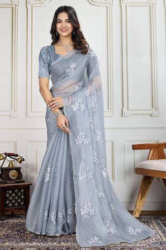 Grey jimmy choo embroidered work saree with blouse