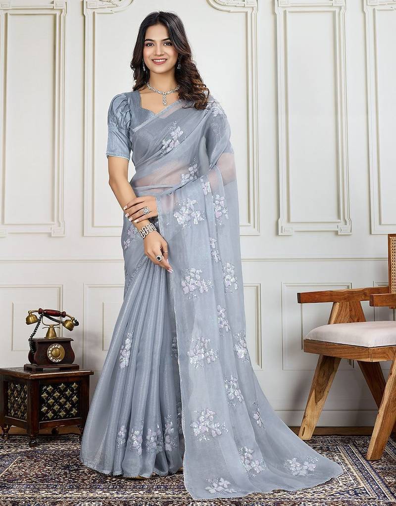Grey jimmy choo embroidered work saree with blouse
