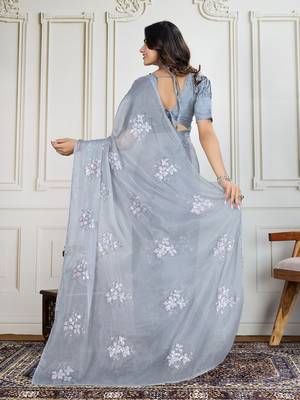 Grey jimmy choo embroidered work saree with blouse 3