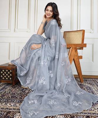 Grey jimmy choo embroidered work saree with blouse 4