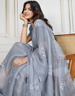 Grey jimmy choo embroidered work saree with blouse 5