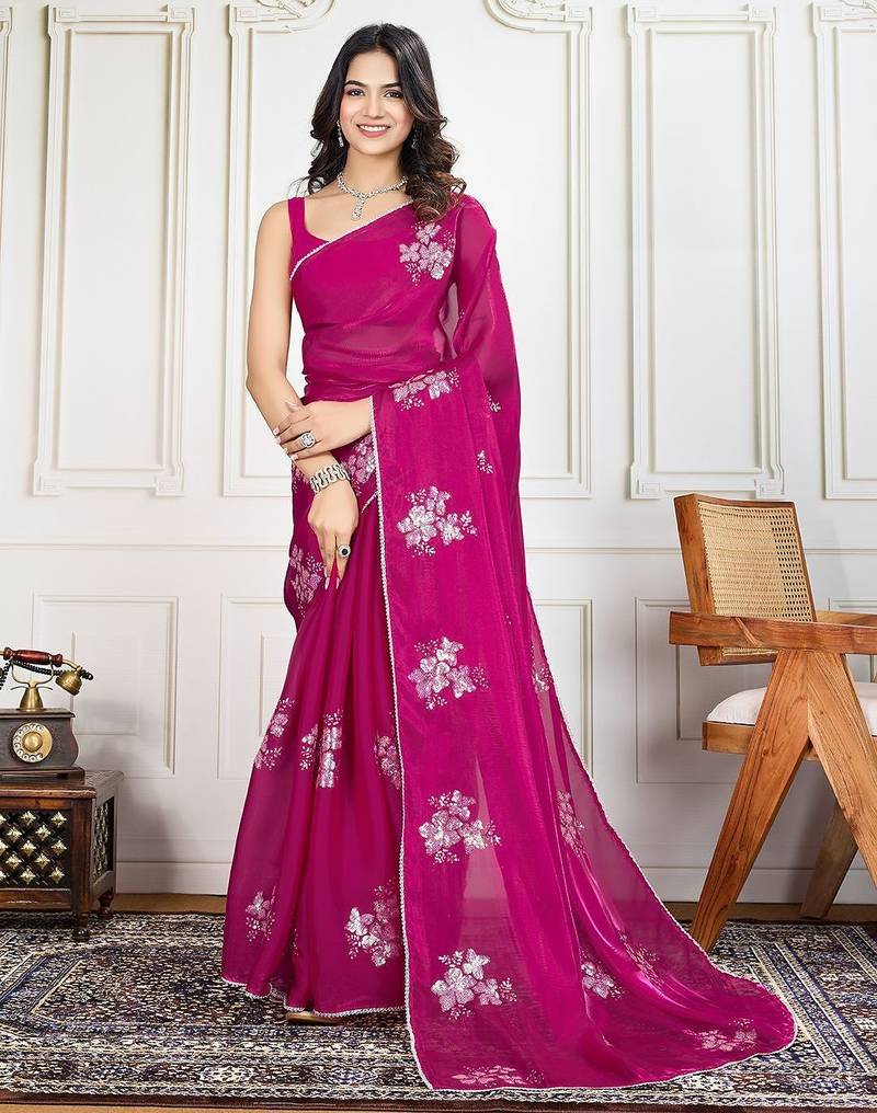 Magenta embroidered saree with blouse piece