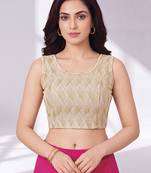 Beige polyester elastin zari stretchable round neck sleeveless blouse