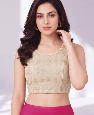 Beige polyester elastin zari stretchable round neck sleeveless blouse 4