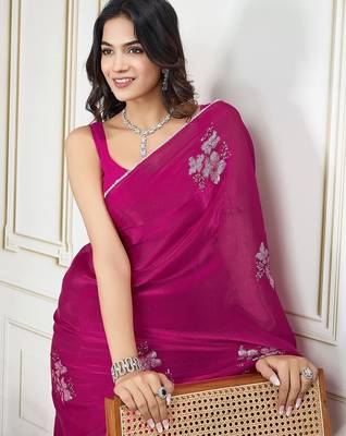 Magenta embroidered saree with blouse piece 5