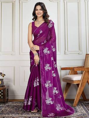 Purple purple embroidered saree with blouse piece 1