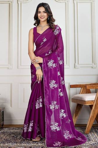Purple purple embroidered saree with blouse piece