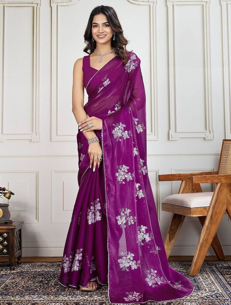 Purple purple embroidered saree with blouse piece