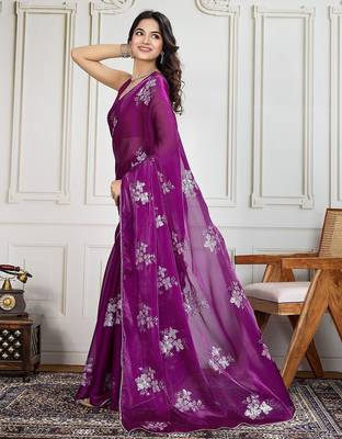 Purple purple embroidered saree with blouse piece 2