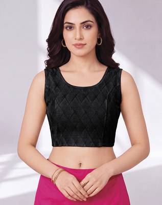 Black polyester elastin zari stretchable round neck sleeveless blouse 1