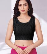 Black polyester elastin zari stretchable round neck sleeveless blouse