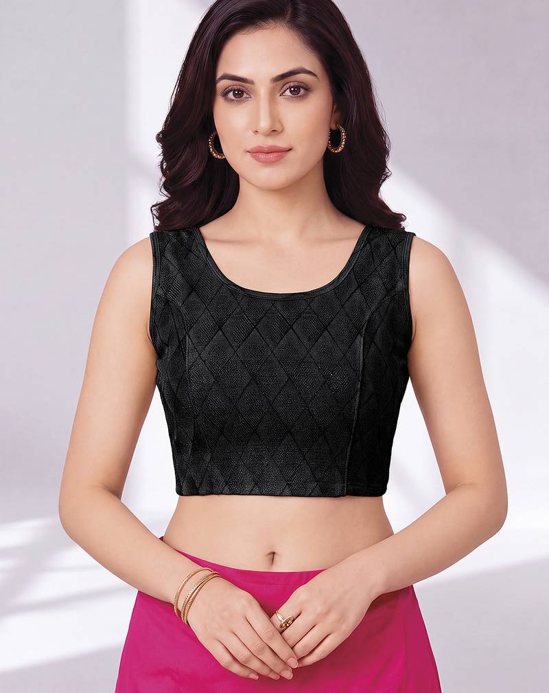 Black polyester elastin zari stretchable round neck sleeveless blouse