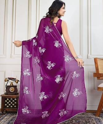 Purple purple embroidered saree with blouse piece 3