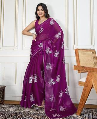 Purple purple embroidered saree with blouse piece 4