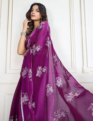 Purple purple embroidered saree with blouse piece 5