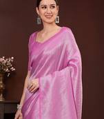 Pink ethnic motifs zari silk blend designer kanjeevaram saree