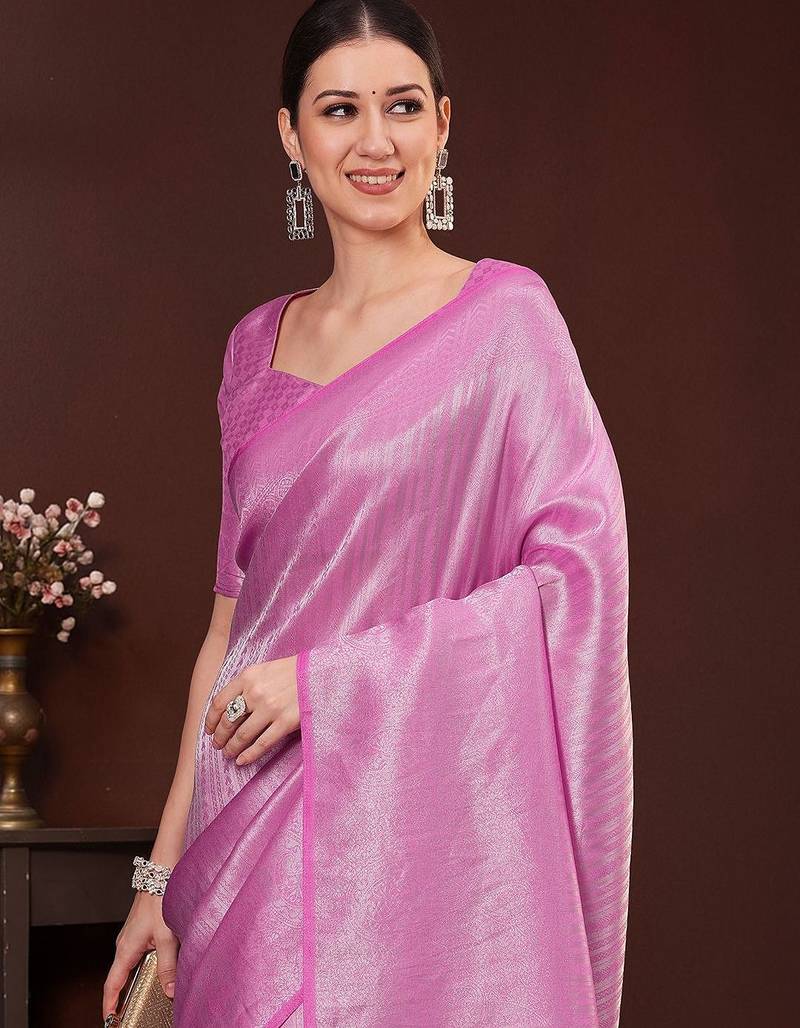 Pink ethnic motifs zari silk blend designer kanjeevaram saree