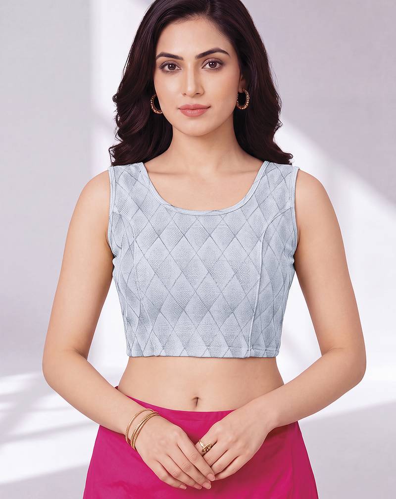 Silver polyester elastin zari stretchable round neck sleeveless blouse