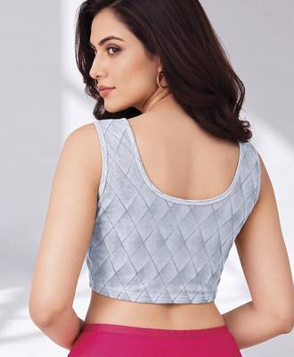 Silver polyester elastin zari stretchable round neck sleeveless blouse 2