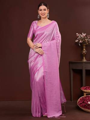 Pink ethnic motifs zari silk blend designer kanjeevaram saree 4