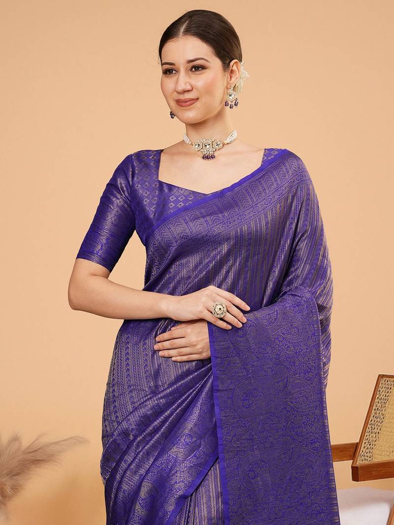 Purple women ethnic motifs woven design kanjeevaram saree