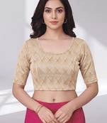 Beige polyester elastin zari stretchable blouse round neck elbow length sleeves blouse