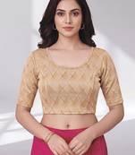 Gold polyester elastin zari stretchable blouse round neck elbow length sleeves blouse