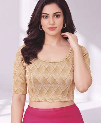 Gold polyester elastin zari stretchable blouse round neck elbow length sleeves blouse 4