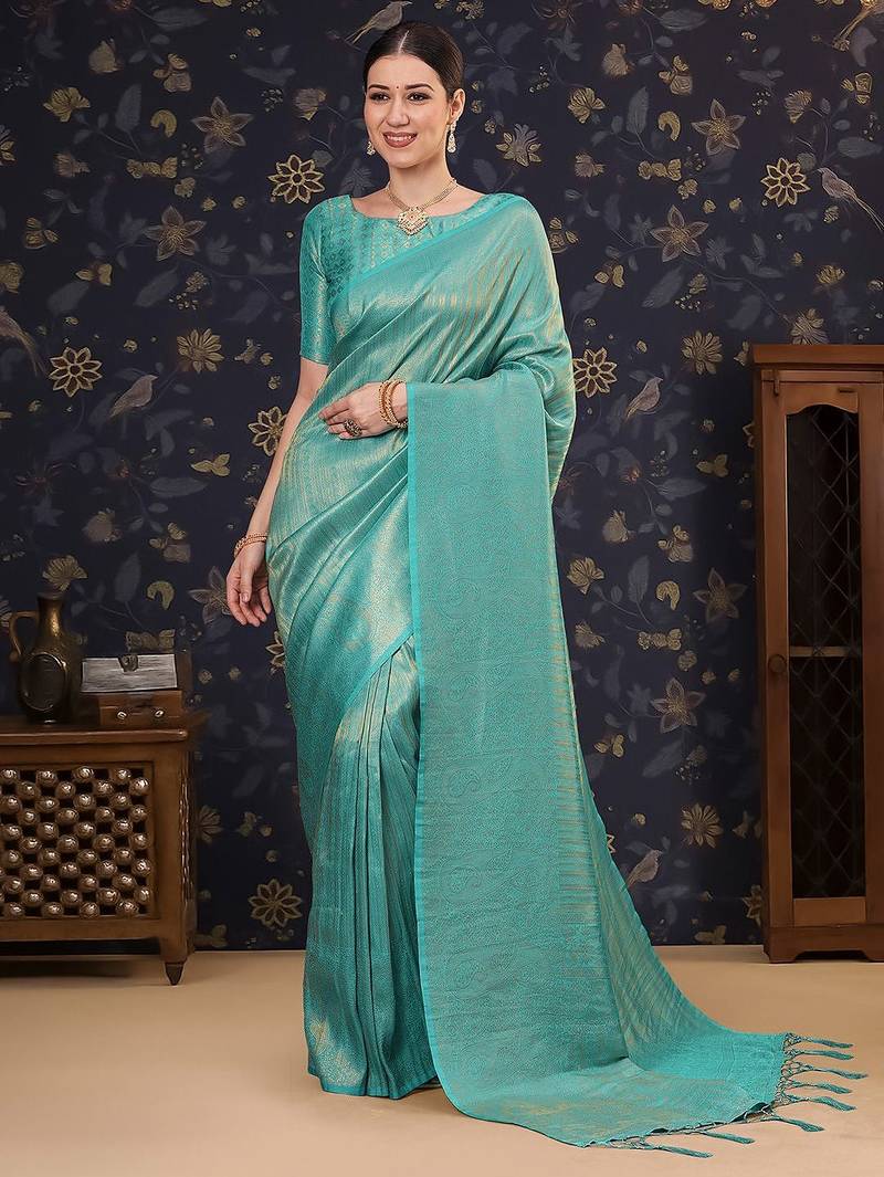 Blue ethnic motifs zari silk blend designer kanjeevaram saree
