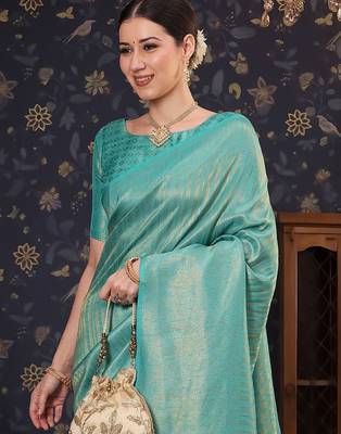 Blue ethnic motifs zari silk blend designer kanjeevaram saree 2