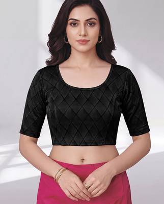 Black polyester elastin zari stretchable blouse round neck elbow length sleeves blouse 1