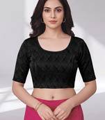 Black polyester elastin zari stretchable blouse round neck elbow length sleeves blouse