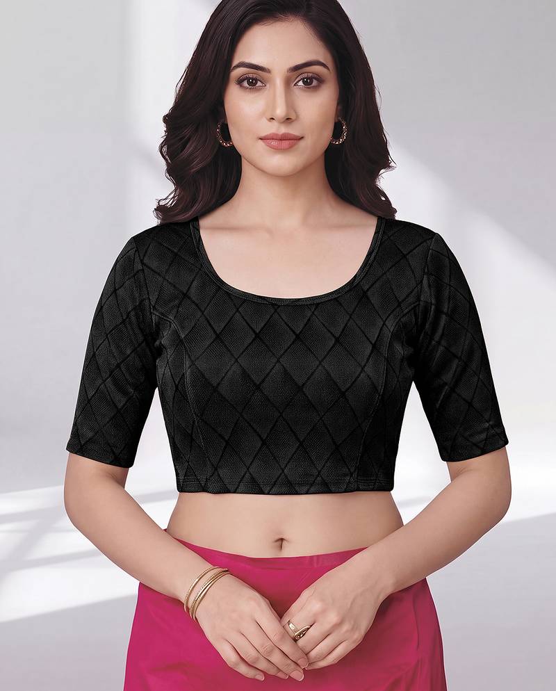 Black polyester elastin zari stretchable blouse round neck elbow length sleeves blouse