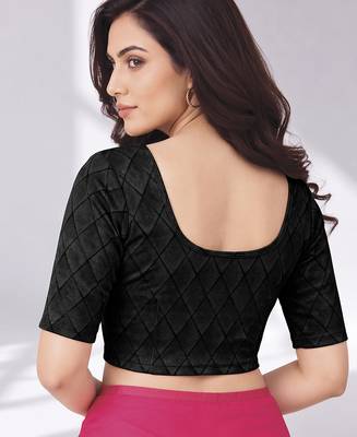 Black polyester elastin zari stretchable blouse round neck elbow length sleeves blouse 2