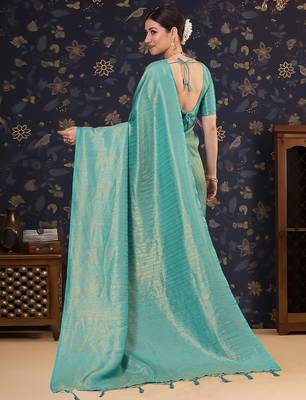 Blue ethnic motifs zari silk blend designer kanjeevaram saree 4