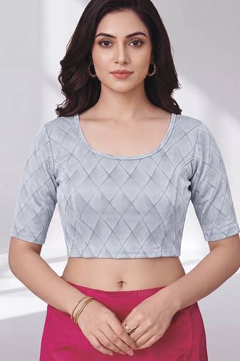 Silver polyester elastin zari stretchable blouse round neck elbow length sleeves blouse