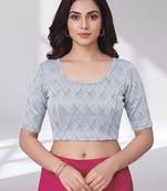 Silver polyester elastin zari stretchable blouse round neck elbow length sleeves blouse