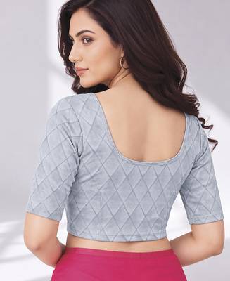 Silver polyester elastin zari stretchable blouse round neck elbow length sleeves blouse 2