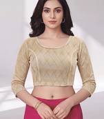 Beige polyester elastin zari stretchable blouse round neck 3/4 sleeve blouse