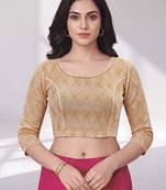 Gold polyester elastin zari stretchable blouse round neck 3/4 sleeve blouse