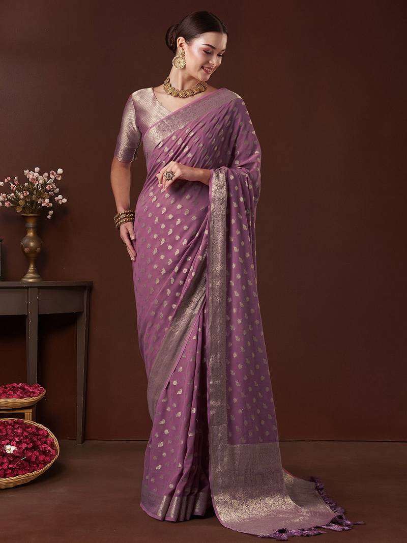 Mauve ethnic motifs woven design saree with unstitched blouse